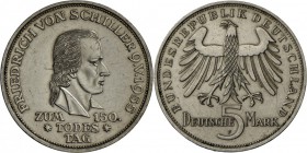 Bundesrepublik Deutschland 1948-2001: 5 DM 1955 F, Schiller, gereinigt, fast vz.