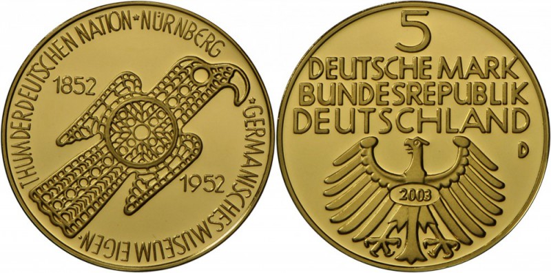 Bundesrepublik Deutschland 1948-2001: 5 GOLDNACHPRÄGUNGEN der 5DM Münzen in Edel...