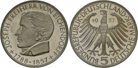 Bundesrepublik Deutschland 1948-2001: EICHENDORFF, 5 DM 1957 J, leichter Patinaansatz, Rückseite erstklassig PP, PP-.