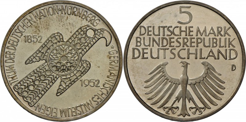 Bundesrepublik Deutschland 1948-2001: GERMANISCHES Museum, 5 DM 1952 D, Patinaan...