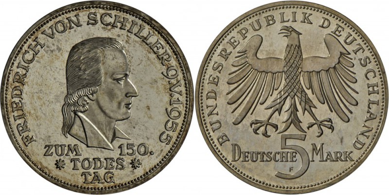 Bundesrepublik Deutschland 1948-2001: SCHILLER, 5 DM 1955 F, bräunlicher Patinaa...