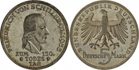 Bundesrepublik Deutschland 1948-2001: SCHILLER, 5 DM 1955 F, bräunlicher Patinaansatz, PP-.