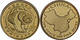 China - Volksrepublik: 12 Chinapandas: Pandamedaille 1oz Silber (vergoldet?), 2x 1990, 7x 1991, 2x 1997, davon 7x in Originalfolie eingeschweizt), st.