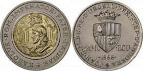 Andorra: 2x 20 Diners Sterlingsilber mit Goldinlay 916er: 1991 Karl I. mit 1.5g, 1996 Krönung Karls I. in Aachen mit 1.6g, je max. 5000 Ex., matt st.