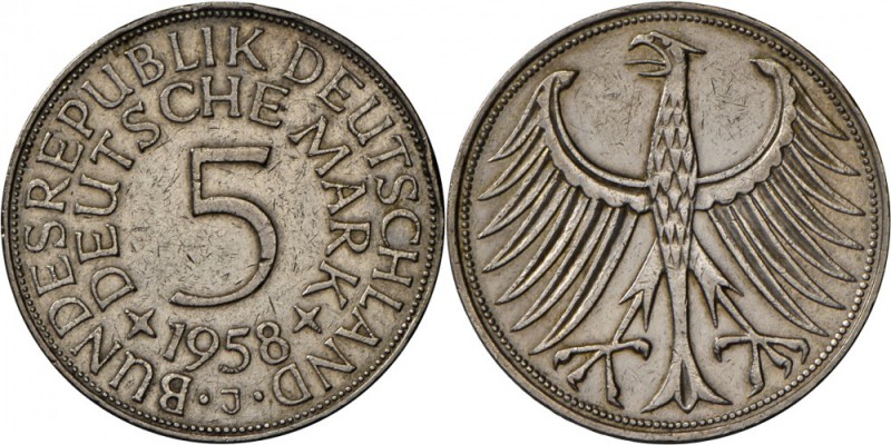 Bundesrepublik Deutschland 1948-2001: 5 DM 1958 J, und 71 weitere 5 DM-Münzen fa...