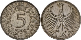Bundesrepublik Deutschland 1948-2001: 5 DM 1958 J, und 71 weitere 5 DM-Münzen fast komplette Sammlung (1961 F und 1969 G doppelt/1973 F und 1974 G+J f...