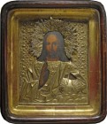 Ikone, vermutlich Russland, um 1900, Hüftbild Christus mit reich geschmückter Messingverziehrung, rechts oben in kyrillischer Schrift das Wort ”Aufers...