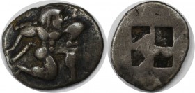 Griechische Münzen, THRACIA. THASOS (?). Obol (?) gegen 500 v. Chr, Vs: Satyr n. r., Rs: Viergeteiltes Quadratum incusum. Silber. 0.79 g. Sehr schön (...
