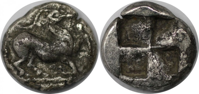 Griechische Münzen, MACEDONIA. AIGAI. Trihemiobol vor 480 v. Chr, Vs: Nach recht...