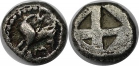 Griechische Münzen, MACEDONIA. MENDE. Hemiobol um 500 v. Chr, Vs: Eselsprotome nach rechts N I M, Rs: Viergeteiltes Quadratum incusum. Silber. 0.4106 ...