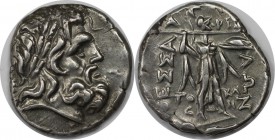 Griechische Münzen, THESSALIA. THESSALISCHE LIGA. Doppelter Victoriat (6.04g). 2. Hälfte 2. Jh. v. Chr. Vs.: Kopf des Zeus mit Lorbeerkranz n. r., l. ...