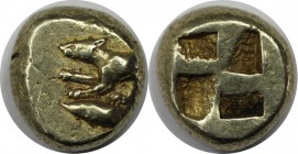 Griechische Münzen, MYSIA. Kyzikos EL Hekte, circa 500-475 v. Chr. Hound nach links / Quadripartite incuse quadratisch. (2.81g. 11mm). Vorzüglich