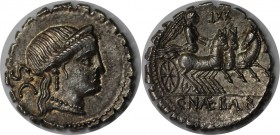 Römische Münzen, MÜNZEN DER RÖMISCHEN REPUBLIK. AR-Denar (Serratus) 79 v. Chr, Rom. C. Naevius Balbus, 4,12 g. Venuskopf r. // Victoria in Triga r. Ba...