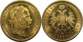 RDR – Habsburg – Österreich, KAISERREICH ÖSTERREICH. Franz Joseph I. (1848-1916). 8 Florin / 20 Francs 1883, Gold. 6.44 g. Sehr schön-vorzüglich...