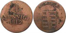 Altdeutsche Münzen und Medaillen, SACHSEN - WEIMAR - EISENACH. Carl August (1775-1828). 4 Pfennig 1812, Kupfer. AKS 9. Schön-sehr schön