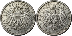 Deutsche Münzen und Medaillen ab 1871, REICHSSILBERMÜNZEN, Lübeck. 2 Mark 1907 A, Silber. Jaeger 81. Vorzüglich