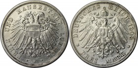 Deutsche Münzen und Medaillen ab 1871, REICHSSILBERMÜNZEN, Lübeck. 3 Mark 1908 A, Silber. Jaeger 82. Vorzüglich, kl. Kratzer