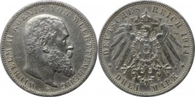 Deutsche Münzen und Medaillen ab 1871, REICHSSILBERMÜNZEN, Württemberg, Wilhelm II. (1891-1918). 3 Mark 1914 F, Silber. Jaeger 175. Vorzüglich
