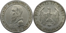 Deutsche Münzen und Medaillen ab 1871, WEIMARER REPUBLIK. Universität Tübingen. 5 Mark 1927 F, Silber. KM 55. Jaeger 329. Vorzüglich-stempelglanz. Kl....