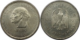 Deutsche Münzen und Medaillen ab 1871, WEIMARER REPUBLIK. 100. Todestag Freiherr von Stein. 3 Mark 1931 A, Silber. Jaeger 348. Vorzüglich