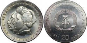 Deutsche Münzen und Medaillen ab 1945, Deutsche Demokratische Republik bis 1990. 20 Mark 1971 A, Zum 100. Geburtstag von Liebknecht und Rosa Luxemburg...