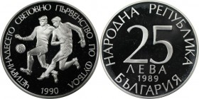 Europäische Münzen und Medaillen, Bulgarien / Bulgaria. Fußball WM 1990 in Italien. 25 Leva 1989, Silber. 0.69 OZ. KM 187. Polierte Platte