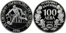 Europäische Münzen und Medaillen, Bulgarien / Bulgaria. XV. Fußball-WM 1994 in Amerika. 100 Leva 1993, Silber. 0.69 OZ. KM 210. Polierte Platte