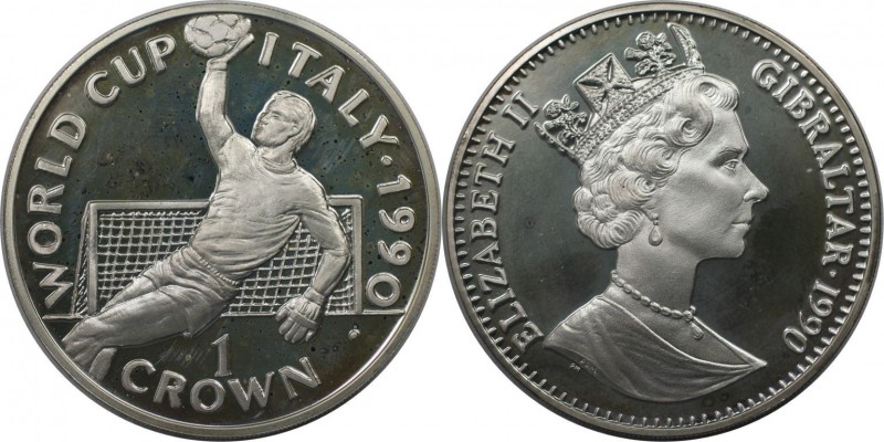 Europäische Münzen und Medaillen, Gibraltar. Weltcup-Fußball. 1 Crown 1990, Silb...