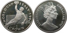 Europäische Münzen und Medaillen, Gibraltar. Weltcup-Fußball. 1 Crown 1990, Silber. 0.84 OZ. KM 35a. Polierte Platte