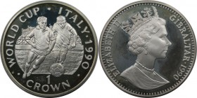 Europäische Münzen und Medaillen, Gibraltar. Weltcup-Fußball. 1 Crown 1990, Silber. 0.84 OZ. KM 37a. Polierte Platte.