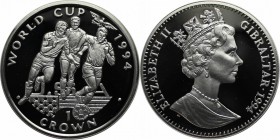 Europäische Münzen und Medaillen, Gibraltar. 3 Fussballspieler Fussball WM 1994 - USA. 1 Crown 1994, Silber. 0.84 OZ. KM 225a. Polierte Platte