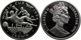 Europäische Münzen und Medaillen, Gibraltar. Fußball Weltmeisterschaft. 1 Crown 1994, Silber. 0.84 OZ. KM 229a. Polierte Platte