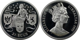Europäische Münzen und Medaillen, Gibraltar. Europa umrahmt von drei Länderwappen. 21 Ecus 1995, Silber. 0.57 OZ. KM 498. Polierte Platte. Patina. Fin...