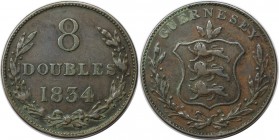 Europäische Münzen und Medaillen, Großbritannien / Vereinigtes Königreich / UK / United Kingdom. Guernsey Münze. 8 Doubles 1834, Kupfer. KM 3. Sehr sc...