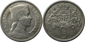 Europäische Münzen und Medaillen, Lettland / Latvia. 5 Lati 1929, Silber. KM 9. Fast Vorzüglich