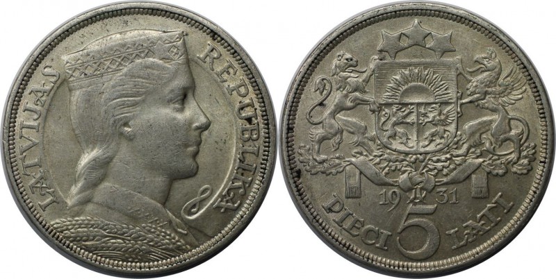 Europäische Münzen und Medaillen, Lettland / Latvia. 5 Lati 1931, Silber. KM 9. ...