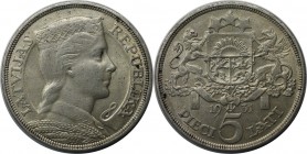 Europäische Münzen und Medaillen, Lettland / Latvia. 5 Lati 1931, Silber. KM 9. Fast Vorzüglich