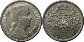 Europäische Münzen und Medaillen, Lettland / Latvia. 5 Lati 1932, Silber. KM 9. Fast Vorzüglich