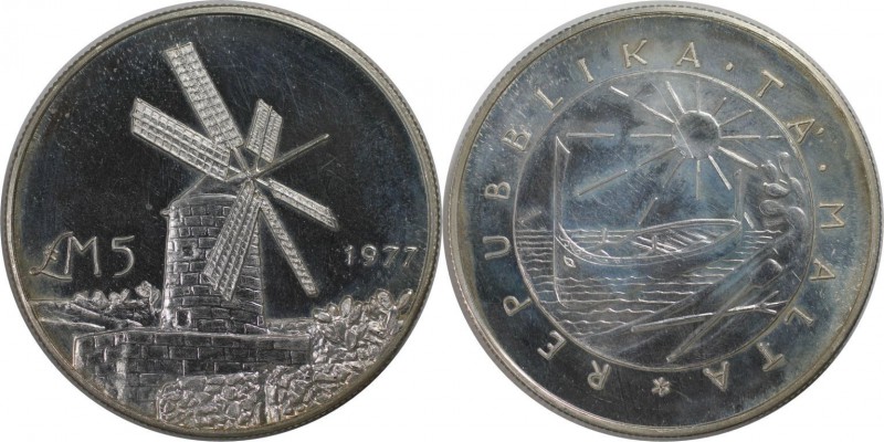 Europäische Münzen und Medaillen, Malta. Windmühle. 5 Pounds 1977, Silber. 0.84 ...