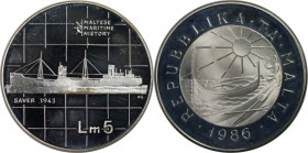Europäische Münzen und Medaillen, Malta. 5 Liri 1986, Silber. 0.59 OZ. KM 85. Polierte Platte