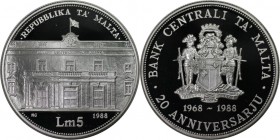 Europäische Münzen und Medaillen, Malta. 20 Jhare Zentralbank. 5 Liri 1988, Silber. 0.84 OZ. KM 87. Polierte Platte