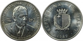 Europäische Münzen und Medaillen, Malta. 25. Jahrestag der Unabhängigkeit. 2 Liri 1989, Silber. 0.51 OZ. KM 88. Stempelglanz