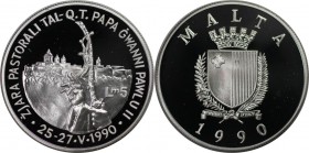 Europäische Münzen und Medaillen, Malta. Papstbesuch John Paul II. 5 Liri 1990, Silber. 0.85 OZ. KM 90. Polierte Platte