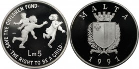 Europäische Münzen und Medaillen, Malta. "Save The Children Fund". 5 Liri 1991, Silber. 0.84 OZ. KM 92. Polierte Platte