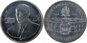 Europäische Münzen und Medaillen, Malta. 25. Jahrestag der Zentralbank. 5 Liri 1993, Silber. 0.84 OZ. Stempelglanz
