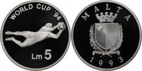Europäische Münzen und Medaillen, Malta. XV. Fussball-Weltmeisterschaft 1994 in den USA. 5 Liri 1993, Silber. 0.84 OZ. KM 107. Polierte Platte
