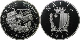 Europäische Münzen und Medaillen, Malta. Drei Schiffe. 5 Liri (10 Ecu) 1993, Silber. 0.74 OZ. KM 104. Polierte Platte