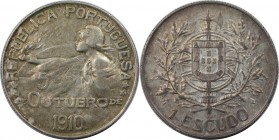Europäische Münzen und Medaillen, Portugal. Geburtstunde der Republik - 05. Oktober. 1 Escudo 1910, Silber. 0.67 OZ. KM 560. Sehr schön