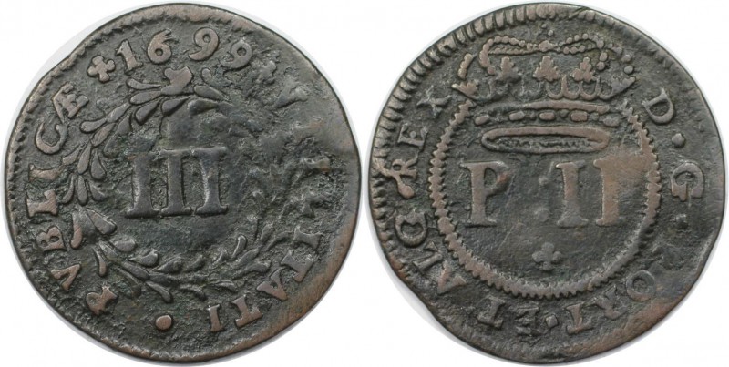 Europäische Münzen und Medaillen, Portugal. 3 Reis 1699, Kupfer. KM 166. Sehr sc...