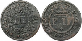 Europäische Münzen und Medaillen, Portugal. 3 Reis 1699, Kupfer. KM 166. Sehr schön